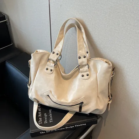 Vintage Women Large Capacity PU Leather Tote Bag Smile Zipper Pocket Shoulder Crossbody Bag For Office Shopping Daily