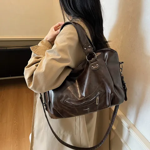 Vintage Women Large Capacity PU Leather Tote Bag Smile Zipper Pocket Shoulder Crossbody Bag For Office Shopping Daily