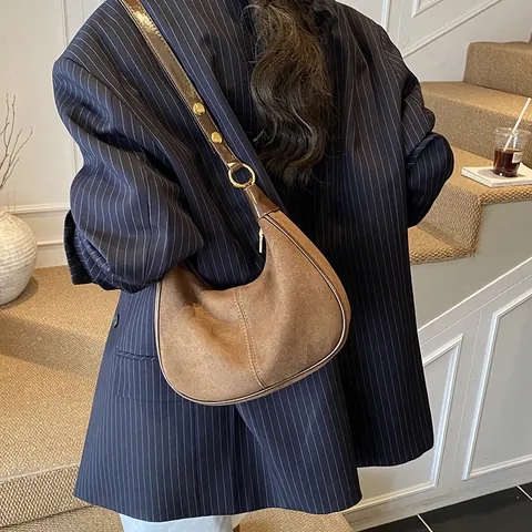Vintage Hobo Tas van Mat PU-Suède voor Dames Minimalistische Halve Maan Crossbody Schoudertas Verstelbare Riem