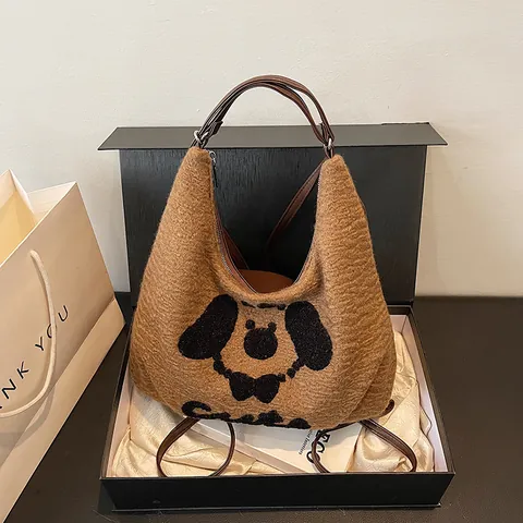 Women Cute Cartoon Dog Plush Tote Bag Large Capacity Casual Shoulder Bag PU Leather Splicing Crossbody Bag Autumn Winter
