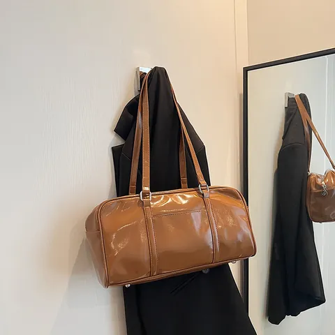 Women Vintage Glossy PU Leather Underarm Bag Korean Fashion Large Capacity Pillow Shoulder Bag Solid Color Casual Tote Bag