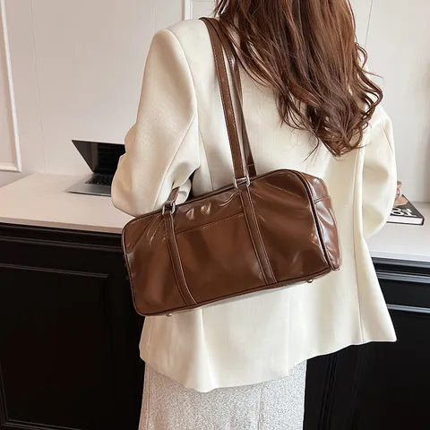 Women Vintage Glossy PU Leather Underarm Bag Korean Fashion Large Capacity Pillow Shoulder Bag Solid Color Casual Tote Bag