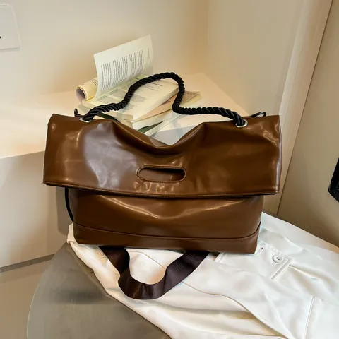 Retro Large Capacity PU Leather Tote Bag For Women Minimalist Flap Shoulder Bag With Braided Rope Strap Commute Handbag