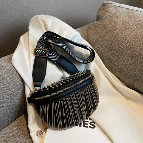 Women Fashion PU Leather Tassel Chest Bag Rhombus Quilted Semi Circle Waist Bag With Rivets Metal Chain Crossbody Bag
