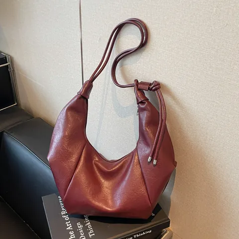Vintage PU Faux Leather Pleated Hobo Bag For Women Half Moon Shoulder Bag Large Capacity Solid Color Handbag With Knot Decor