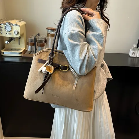 Large Capacity Tote Bag Suede PU Leather Belt Gold Buckle Vintage Commute Shoulder Bag For Women Fashion Handbag