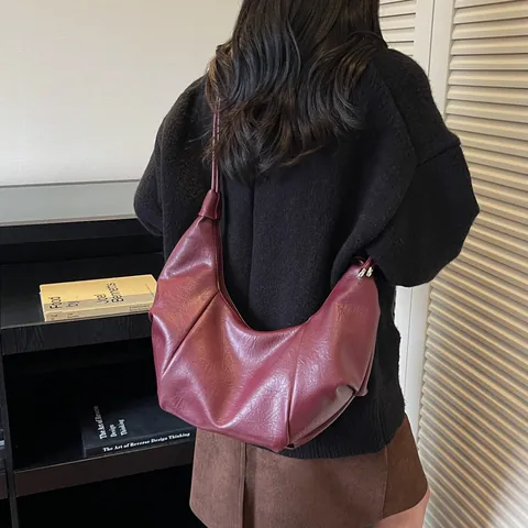 Vintage PU Faux Leather Pleated Hobo Bag For Women Half Moon Shoulder Bag Large Capacity Solid Color Handbag With Knot Decor