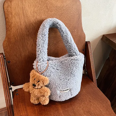 Women's Cute Plush Bucket Bag With Bear Pendant Faux Fur Handbag Small Crossbody Shoulder Bag For Daily Casual Fashion