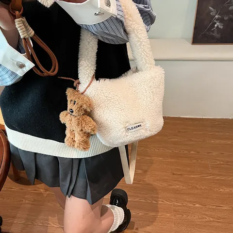 Women's Cute Plush Bucket Bag With Bear Pendant Faux Fur Handbag Small Crossbody Shoulder Bag For Daily Casual Fashion