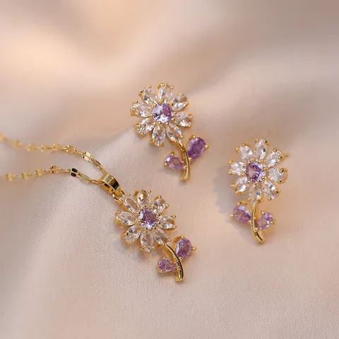 Stainless Steel Zirconia Purple Flower Necklace Earrings Jewelry Set For Women Elegant Floral Pendant Chain Party Accessories
