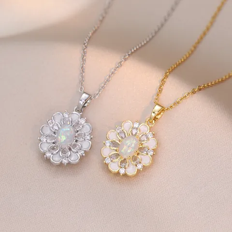 Elegant Flower Pendant Necklace With Opal And Zircon Inlaid Stainless Steel White Enamel Jewelry For Women