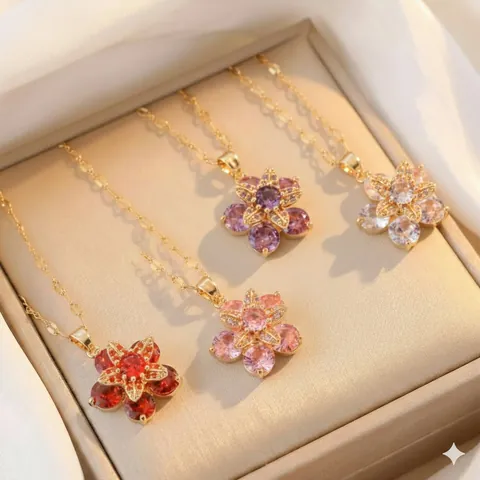 Fashion Rotating Flower Zirconia Pendant Necklace Gold Plated Titanium Steel Copper Jewelry For Women Lady Elegant Chain