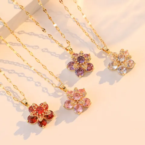 Fashion Rotating Flower Zirconia Pendant Necklace Gold Plated Titanium Steel Copper Jewelry For Women Lady Elegant Chain
