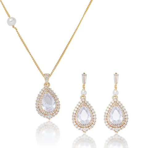 Vintage Titanium Steel Water Drop Jewelry Set With Artificial Pearl Emerald Green Rhinestone Necklace Earrings For Women