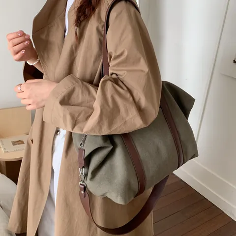 Women Large Capacity Canvas Tote Bag Spliced Color Block Shoulder Bag With Leather Handles Adjustable Strap For Daily Work Travel