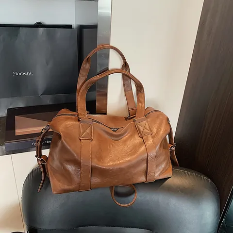 Vintage Large Capacity PU Leather Travel Bag For Women Men Solid Color Boston Tote Bag Weekend Overnight Handbag