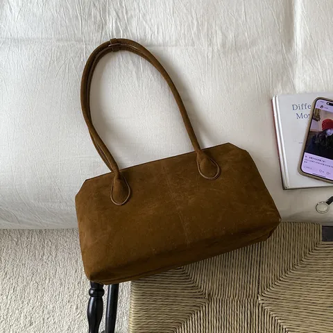 Borsa a Spalla Minimalista in Finta Pelle Scamosciata da Donna Grande Capacità Sofisticata Retro Tote Boston Bag
