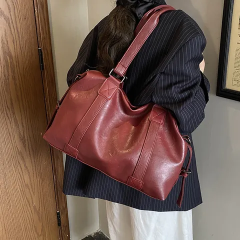 Vintage Large Capacity PU Leather Travel Bag For Women Men Solid Color Boston Tote Bag Weekend Overnight Handbag