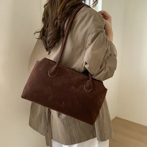 Borsa a Spalla Minimalista in Finta Pelle Scamosciata da Donna Grande Capacità Sofisticata Retro Tote Boston Bag