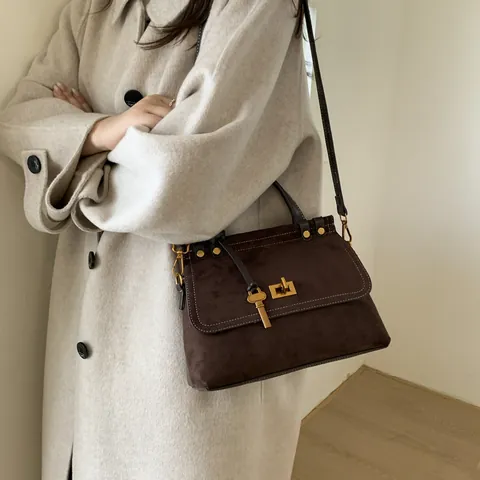 Vintage Matte Suede Handbag Women Large Capacity Shoulder Crossbody Bag PU Leather Retro Contrast Stitching Square Tote Bag