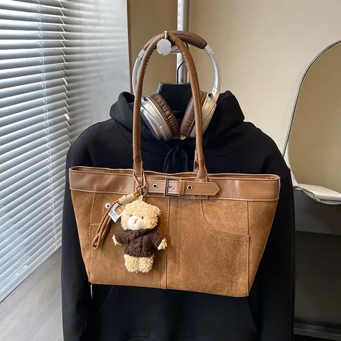 Women Vintage Suede Texture PU Leather Tote Bag Large Capacity Contrast Stitching Shoulder Bag With Teddy Bear Pendant