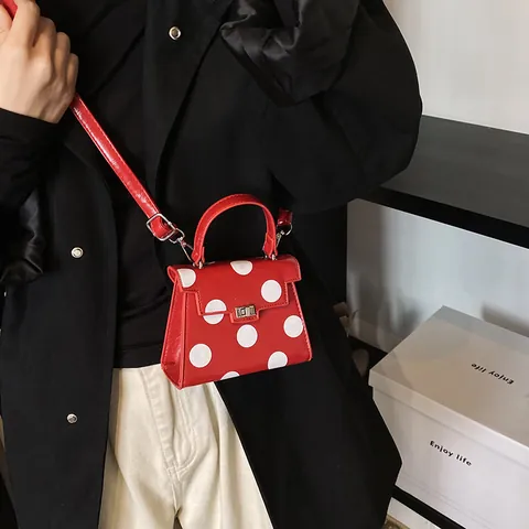 Vintage Polka Dot PU Leather Mini Handbag For Women Stylish Crossbody Bag With Metal Lock Clasp And Adjustable Single Strap