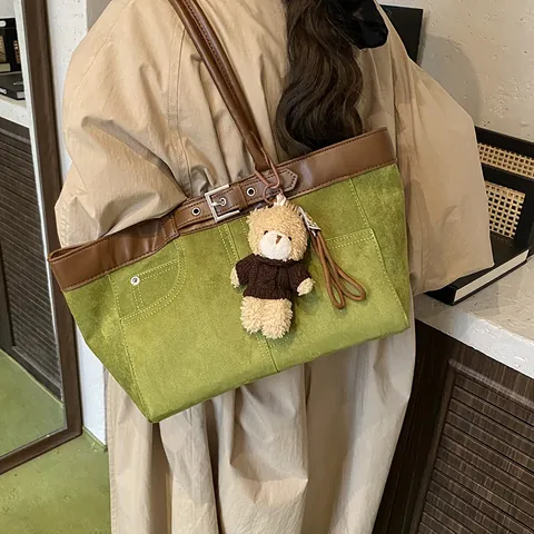 Women Vintage Suede Texture PU Leather Tote Bag Large Capacity Contrast Stitching Shoulder Bag With Teddy Bear Pendant