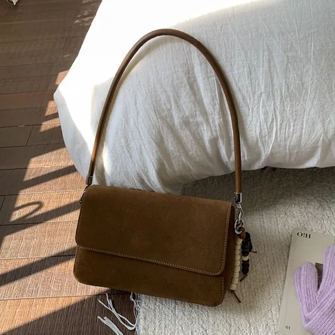 Women Retro Suede-Like PU Leather Crossbody Bag Large Capacity Shoulder Armpit Bag Minimalist Small Square Bag With Beaded Pendant