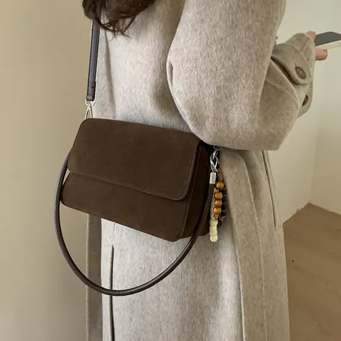 Women Retro Suede-Like PU Leather Crossbody Bag Large Capacity Shoulder Armpit Bag Minimalist Small Square Bag With Beaded Pendant