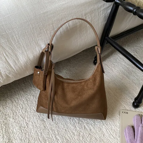 Vintage Wildleder PU Leder Patchwork Hobo Schultertasche Für Damen Mit Mini Tasche Quaste Koreanische Mode Casual Handtasche