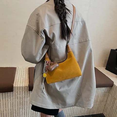 Women Faux Suede Hobo Bag Half Moon Shoulder Bag Vintage PU Leather Crossbody Bag With Decorative Charms Fashion Handbag