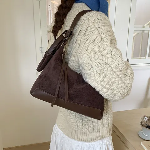 Vintage Wildleder PU Leder Patchwork Hobo Schultertasche Für Damen Mit Mini Tasche Quaste Koreanische Mode Casual Handtasche