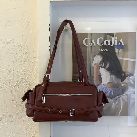Sac à Épaule en Cuir PU Vintage pour Femmes Rétro Minimaliste Style Moto Sac à Main Sous l'Aisselle Boucles en Métal Mode Y2K