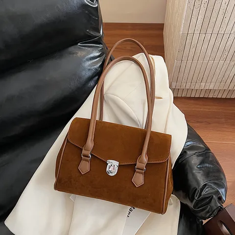 Bolso de Hombro de Antelina Vintage para Mujer Elegante Bolso de Axila Chic Con Cierre de Metal Plateado Color Sólido Bolso de Moda