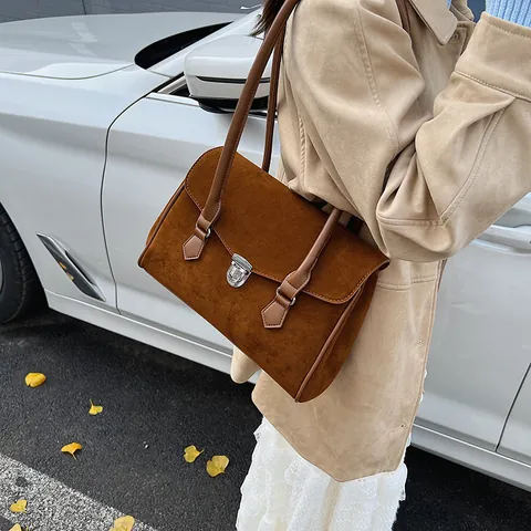 Bolso de Hombro de Antelina Vintage para Mujer Elegante Bolso de Axila Chic Con Cierre de Metal Plateado Color Sólido Bolso de Moda