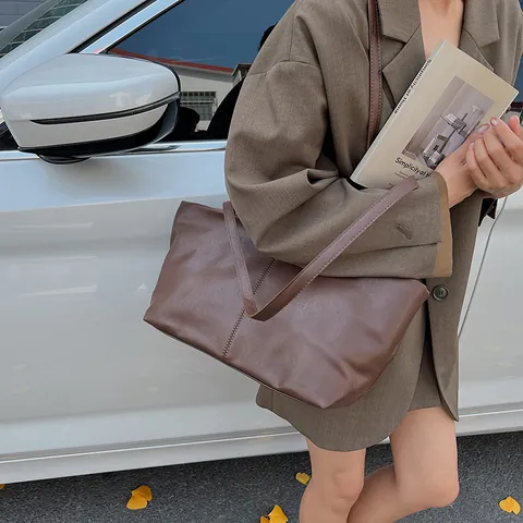 Women Large Capacity PU Leather Tote Bag Minimalist Solid Color Shoulder Bag Fashion Urban Commuter Handbag Daily Office Bag