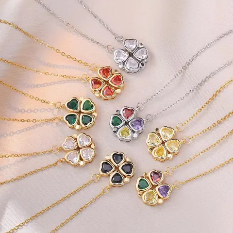 Heart Four Leaf Clover Foldable Magnetic Necklace Titanium Steel Colorful Zirconia Lucky Pendant Jewelry Gift For Women