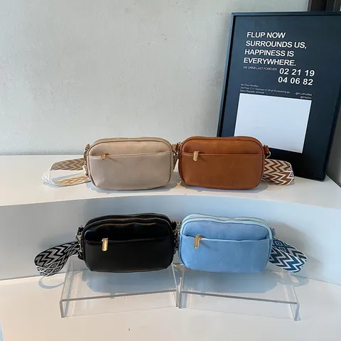 Women PU Leather Crossbody Bag Casual Wide Geometric Pattern Shoulder Strap Small Square Bag Fashion Double Zipper Camera Bag