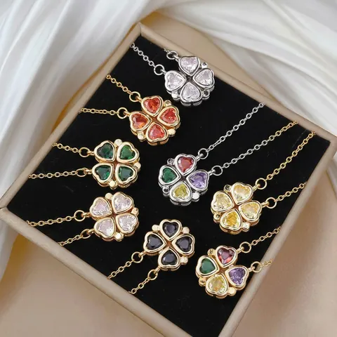Titanium Steel Foldable Heart Four Leaf Clover Pendant Necklace With Colorful Zirconia Gold Silver Plated Fashion Jewelry For Women