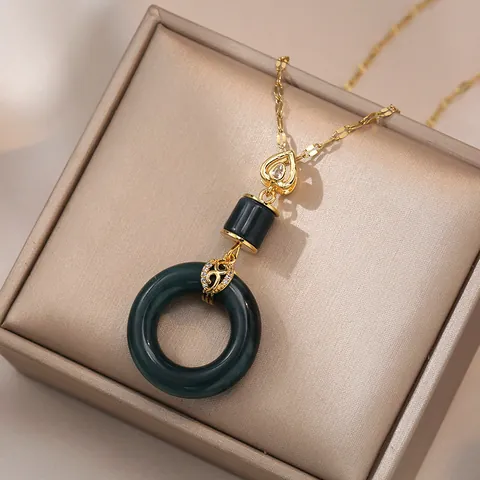 Collar con Colgante de Hebilla Ping'an Verde Degradado Vintage Aleación Chapada en Oro Cadena de Clavícula Mujer Elegante