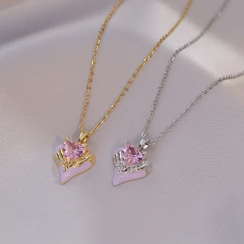 Edelstahl Herz Anhänger Halskette Rosa Kristallglas Emaille Romantische Mode Schmuck Für Damen Valentinstag Geschenk