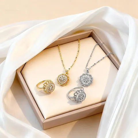 Collana con Pendente a Girasole Rotante in Zirconia per Donna Catena in Acciaio Inossidabile Anello Girevole in Rame Gioielli