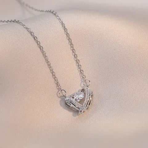 Fashion Stainless Steel Guardian Wings Heart Pendant Necklace With Pear Shaped Zirconia Elegant Jewelry For Women Daily Wear