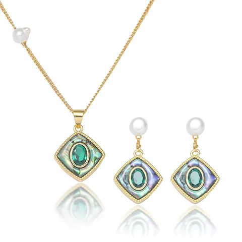 Vintage Titanium Steel Rhombus Necklace Earrings Open Ring With Freshwater Pearl Abalone Shell Zirconia Geometric Jewelry For Women Party