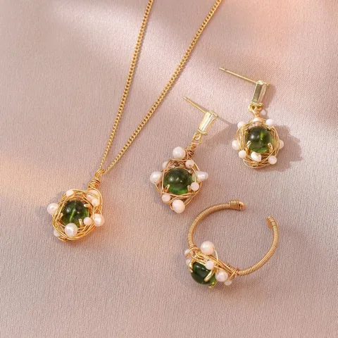 Retro Bird Nest Necklace Earrings Ring Titanium Steel Green Gemstone Freshwater Pearl Elegant Jewelry For Women