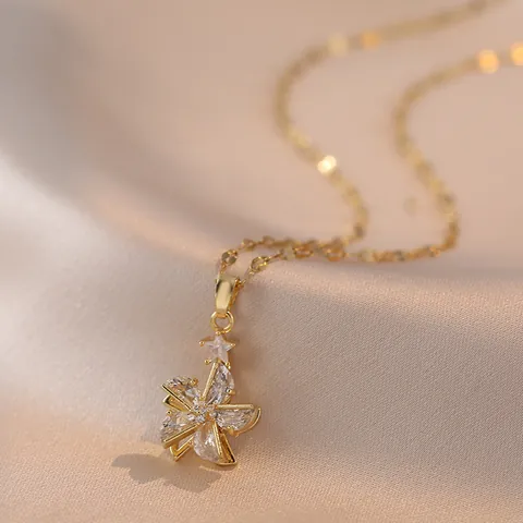 Rotating Windmill Flower Star Pendant Necklace Stainless Steel Cubic Zirconia Clavicle Chain Elegant Trendy Jewelry Women