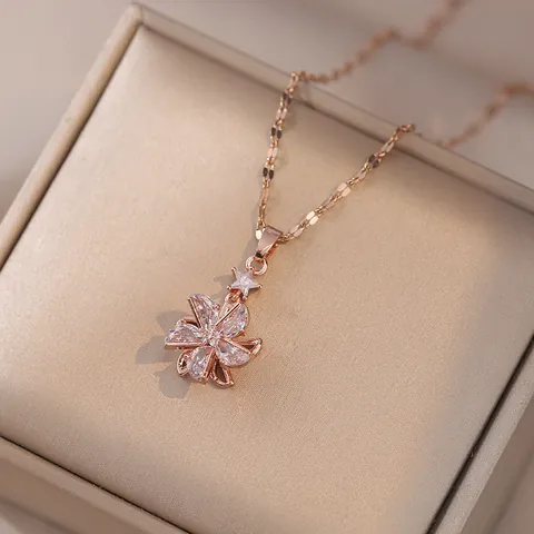 Rotating Windmill Flower Star Pendant Necklace Stainless Steel Cubic Zirconia Clavicle Chain Elegant Trendy Jewelry Women