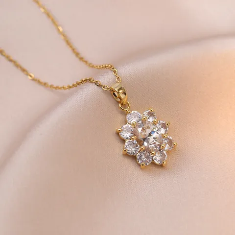 Elegant Flower Zirconia Pendant Necklace For Women Stainless Steel Chain Fashion Floral Jewelry Luxury Temperament Accessory