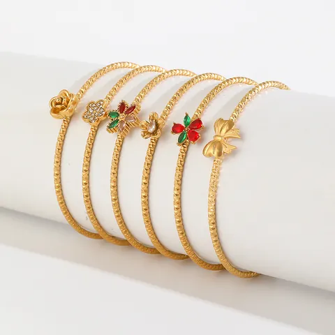 Women Stainless Steel Open Bangle Gold Silver Plated Zirconia Flower Butterfly Knot Textured Elegant Fashion Cuff Bracelet Jewelry