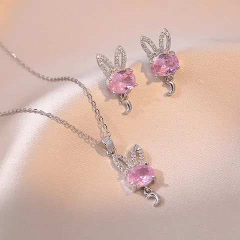 Women Sweet Pink Zirconia Bunny Rabbit Moon Pendant Necklace Earrings Set Titanium Steel Fashion Commute Jewelry Set Daily Gift